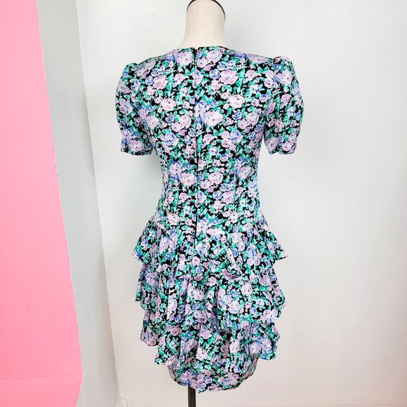 Vintage 80s Pastel Floral Print Ruffled Party Dress - Picture 5 of 9